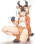  1girl animal_ear_fluff animal_ears arm_behind_back arm_support bangs bare_legs brown_eyes brown_hair buruma clenched_hand commentary_request extra_ears eyebrows_visible_through_hair full_body gloves hair_between_eyes hand_up highres horizontal_pupils horns jacket kemono_friends leaning_back light_brown_hair long_sleeves looking_at_viewer medium_hair multicolored_hair open_clothes open_jacket pronghorn_(kemono_friends) shirt shoes sidelocks simple_background smile socks solo squatting thin_(suzuneya) track_jacket translation_request turtleneck white_background white_hair 