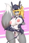  2019 anthro areola big_breasts blonde_hair blue_eyes blush breasts canid canine clothed clothing cute_fangs female fluffy fluffy_tail fox fur girls_frontline hair hat hi_res huge_breasts looking_at_viewer mammal mari_(tailzkim) nipples open_mouth partially_clothed pussy smile solo tailzkim 