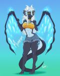  2019 4_toes 5_fingers aimi anthro breasts digital_media_(artwork) dragon energy female hair ice midriff navel non-mammal_breasts solo standing toes white_hair yellow_eyes 
