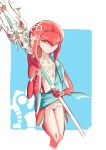  2018 absurd_res bracelet breath_of_the_wild caohu featureless_crotch female hi_res holding_object holding_weapon jewelry looking_at_viewer marine melee_weapon mipha mostly_nude necklace nintendo polearm simple_background smile solo spear the_legend_of_zelda trident two_tone_body video_games weapon yellow_eyes zora 