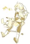  1girl :3 ;) ahoge bangs belt boots chuchu_(pokemon) copyright_name creatures_(company) game_freak gen_1_pokemon hat_around_neck holding holding_pokemon long_hair long_sleeves monochrome nintendo one_eye_closed pants pelvic_curtain pika_(pokemon) pikachu pokemon pokemon_(creature) pokemon_special sitting smile taneda_yuuta white_background yellow_(pokemon) yellow_theme 