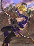  1boy arrow belt blonde_hair boots bow_(weapon) castle cloud faceless faceless_male fingerless_gloves fire_emblem fire_emblem:_fuuin_no_tsurugi fire_emblem_cipher gloves helmet horse klein_(fire_emblem) male_focus nintendo official_art open_mouth purple_eyes quiver sky solo suzuki_rika teeth weapon 