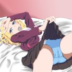  1girl absurdres bed blonde_hair blue_eyes breasts condom creatures_(company) eyebrows game_freak highres jacket long_hair necktie nintendo panties pokemon pokemon_swsh shirt skirt smile solo underwear unnamed_girl_(pokemon_swsh) 