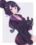  1girl alternate_costume animal bangs black_hoodie blue_eyes blush breasts cleavage collarbone eyebrows_visible_through_hair fate/grand_order fate_(series) hair_ornament holding hood hoodie katsushika_hokusai_(fate/grand_order) long_sleeves looking_at_viewer medium_breasts short_hair simple_background sleeves_past_fingers sleeves_past_wrists solo totatokeke white_background 