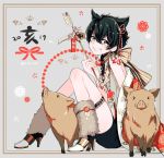  1boy 2019 animal_ears black_eyes black_hair chinese_zodiac fang grin high_heels japanese_clothes looking_at_viewer male_focus mole mole_under_mouth morino_bambi new_year original pig smile twitter_username year_of_the_pig 