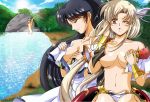  3girls bare_shoulders black_hair blonde_hair blush bracelet breasts clothes_removed collarbone dress eyes_closed forest hair_ornament hikaru_(mikan0407) jessica_(langrisser) jewelry langrisser light_rays long_hair medium_breasts multiple_girls nature navel nude one_eye_closed open_clothes partially_submerged riana_(langrisser) river sherry_(langrisser) silver_hair smile sunlight traditional_media undressing white_dress wristband yellow_eyes 