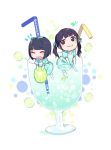  2girls :3 :d ^_^ aqua_dress aqua_ribbon bangs black_eyes black_hair blush bob_cut closed_eyes dress drinking_straw elbow_gloves eyes_closed food gloves goblet group_name hair_ribbon in_food lime_slice long_hair minigirl multiple_girls musical_note notice_lines open_mouth petit_milady polka_dot polka_dot_dress ribbon seiyuu short_hair short_sleeves smile song_name taketatsu_ayana taneda_yuuta thighhighs twintails yuuki_aoi 