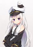  1girl :o absurdres agung_syaeful_anwar azur_lane bald_eagle bangs bare_shoulders bird black_jacket black_neckwear blush collared_shirt commentary eagle enterprise_(azur_lane) eyebrows_visible_through_hair gradient gradient_background grey_background grey_hair hair_between_eyes hat head_tilt highres jacket long_hair long_sleeves looking_at_viewer necktie off_shoulder parted_lips peaked_cap purple_eyes shirt sleeveless sleeveless_shirt sleeves_past_wrists solo upper_body very_long_hair white_headwear white_shirt younger 