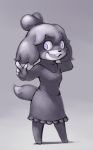  2018 animal_crossing anthro canid canine canis clothed clothing domestic_dog female hair hand_on_face hex_maniac isabelle_(animal_crossing) mammal nintendo open_mouth pointing shih_tzu simple_background smile solo spiral_eyes standing subakitsu video_games 