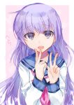  1girl absurdres angel_beats! bangs eyebrows_visible_through_hair highres irie_(angel_beats!) key_(company) long_hair long_sleeves looking_at_viewer open_eyes open_mouth purple_eyes purple_hair shirt simple_background solo v very_long_hair white_shirt zuzuhashi 