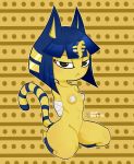  2019 animal_crossing ankha_(animal_crossing) arms_bound bedroom_eyes blue_hair breasts domestic_cat felid feline felis female fur hair half-closed_eyes hands_behind_back hi_res kneeling looking_at_viewer mammal navel nintendo pasties seductive simple_background solo striped_tail stripes thick_thighs video_games yellow_fur 