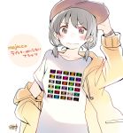  1girl adjusting_clothes adjusting_hat bangs baseball_cap black_hair blush brown_eyes commentary_request hand_on_hip hat hood hood_down hooded_jacket jacket long_sleeves looking_at_viewer low_twintails original print_shirt shirt short_twintails signature simple_background solo t-shirt taneda_yuuta translation_request twintails upper_body watch wavy_mouth white_background white_shirt wristwatch yellow_jacket 