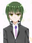  1boy absurdres angel_beats! bangs black_jacket closed_mouth expressionless eyebrows_visible_through_hair eyes_visible_through_hair green_hair hair_between_eyes headgear highres jacket key_(company) long_sleeves looking_at_viewer naoi_ayato open_eyes popped_collar ribbon school_uniform shirt short_hair simple_background solo sweatdrop white_background white_shirt yellow_eyes zuzuhashi 