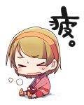  &gt;_&lt; 1girl blush brown_hair chibi commentary_request hairband heavy_breathing jacket koizumi_hanayo long_pants love_live! love_live!_school_idol_project open_mouth orange_footwear pants pink_jacket red_pants shoes short_hair simple_background sitting solo stretch sweatdrop taneda_yuuta track_jacket track_pants track_suit translation_request wavy_mouth white_background 