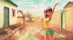  1girl :o arm_behind_head armpits arms_up bangs bare_arms bare_shoulders black_hair blue_sky breasts brick_wall camisole cityscape cloud cloudy_sky collarbone commentary dark_skin day door eyebrows_visible_through_hair green_shorts hair_between_eyes highres house long_hair low_ponytail midriff navel open_door original outdoors parted_lips red_eyes road short_shorts shorts sky small_breasts solo standing street stretch window yellow_camisole yoka1chi 