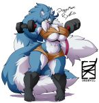  2017 absurd_res anthro big_breasts big_hair blue_fur blue_hair breasts canid canine canis claws dkdevil domestic_dog exercise female fur hair hi_res huge_breasts looking_at_viewer mammal mature_female muscular muscular_female open_mouth ryka signature simple_background smile toe_claws under_boob weightlifting white_background white_fur wide_hips workout yellow_eyes 