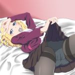  1girl absurdres bed blonde_hair blue_eyes breasts condom creatures_(company) eyebrows game_freak highres jacket long_hair necktie nintendo panties pokemon pokemon_swsh shirt skirt smile solo underwear unnamed_girl_(pokemon_swsh) 