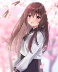  1girl :d bangs black_bow black_sailor_collar black_skirt blurry blurry_background blush bow brown_eyes brown_hair cherry_blossoms commentary_request depth_of_field eyebrows_visible_through_hair flower hair_between_eyes hands_together highres long_hair long_sleeves looking_at_viewer looking_to_the_side minami_saki open_mouth original own_hands_together pink_flower pleated_skirt puffy_long_sleeves puffy_sleeves sailor_collar school_uniform serafuku shirt skirt smile solo tree_branch v_arms very_long_hair white_shirt 