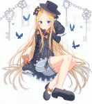  1girl abigail_williams_(fate/grand_order) absurdres animal bangs black_bow black_dress black_footwear black_headwear blonde_hair bloomers blue_eyes blush bow bug butterfly chains closed_mouth commentary_request dress fate/grand_order fate_(series) forehead hair_bow hand_up hat highres insect key long_hair long_sleeves looking_at_viewer mary_janes orange_bow parted_bangs polka_dot polka_dot_bow revision shoes sitting sleeves_past_fingers sleeves_past_wrists solo stuffed_animal stuffed_toy teddy_bear underwear very_long_hair white_bloomers xue_lu 