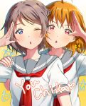  2girls :o ;o ahoge bangs blue_eyes bow braid character_name chromatic_aberration food fruit grey_hair hair_bow hand_on_shoulder highres looking_at_viewer love_live! love_live!_sunshine!! mandarin_orange multiple_girls neckerchief one_eye_closed orange_hair red_eyes red_neckwear salute school_uniform sellel serafuku short_hair short_sleeves side_braid star takami_chika upper_body watanabe_you yellow_bow 