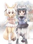  2girls animal_ear_fluff animal_ears blonde_hair blush bow bowtie brown_eyes center_frills commentary_request common_raccoon_(kemono_friends) elbow_gloves extra_ears eyebrows_visible_through_hair fangs fennec_(kemono_friends) fox_ears fox_tail full_body fur_trim gloves grey_hair hands_on_hips highres kemono_friends kolshica multicolored_hair multiple_girls open_mouth pantyhose pleated_skirt puffy_short_sleeves puffy_sleeves raccoon_ears raccoon_tail short_hair short_sleeves skirt tail thighhighs white_hair zettai_ryouiki 