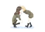  2girls absurdres arms_behind_head bent_over black_footwear black_skirt blonde_hair boots cheek_kiss closed_mouth commentary_request emblem eyebrows_visible_through_hair facing_another female finger_to_face from_side full_body girls_und_panzer green_jacket green_jumpsuit highres jacket katyusha kiss long_hair long_sleeves military military_uniform miniskirt multiple_girls nonna pleated_skirt pravda_military_uniform pravda_school_uniform red_shirt school_uniform shadow shimesaba_(simesabaikka) shirt short_hair short_jumpsuit simple_background skirt smile squatting standing turtleneck uniform white_background yuri 