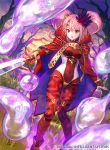  1girl alternate_costume bodysuit boots breastplate cape covered_navel fire_emblem fire_emblem_cipher fire_emblem_echoes:_mou_hitori_no_eiyuuou flower grass hair_flower hair_ornament long_hair mae_(fire_emblem) nintendo official_art open_mouth pink_eyes pink_hair red_eyes solo sword tree twintails weapon 
