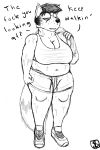  2019 annoyed belly big_breasts black_and_white breasts canid canine clothed clothed_breasts clothing dialgoue english_text female fox mammal monochrome muscular muscular_female peggy_patterson savagelyrandom shirt shorts simple_background slightly_chubby solo sweat tank_top text 