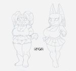  2019 anthro anubian_jackal big_breasts bracelet breasts canid canine canis chibi cleavage clothed clothing duo ear_piercing female hands_on_hips hyaenid inner_ear_fluff jackal jenna_kutu jewelry kencougr looking_at_viewer mammal midriff monochrome navel piercing pigtails sahri shirt shorts simple_background skirt smile standing thick_thighs tongue tongue_out wide_hips 