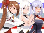  3girls azur_lane bangs bare_shoulders black_neckwear blush breasts brown_hair cleavage closed_mouth collared_shirt enterprise_(azur_lane) essex_(azur_lane) eyebrows_visible_through_hair hair_ornament hands_on_another&#039;s_shoulders heart heart_hair_ornament highres himono_hinata japanese_clothes long_hair looking_at_another multicolored multicolored_background multiple_girls necktie open_mouth ponytail purple_eyes purple_hair red_neckwear shirt smile striped striped_background twintails white_hair white_shirt yellow_eyes zuikaku_(azur_lane) 