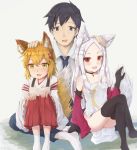  1boy 2girls :d animal_ear_fluff animal_ears bangs bare_shoulders black_gloves black_legwear blonde_hair blue_neckwear blue_pants blush brown_eyes character_request collarbone collared_shirt commentary dress elbow_gloves english_commentary eyebrows_visible_through_hair fang fingernails forehead fox_ears fox_girl fox_tail gloves hair_between_eyes hakama hands_on_own_knees highres hikari_niji japanese_clothes kimono knees_up legs_crossed long_hair multiple_girls necktie no_shoes nose_blush open_mouth pants parted_bangs petting red_eyes red_hakama senko_(sewayaki_kitsune_no_senko-san) sewayaki_kitsune_no_senko-san shiro_(sewayaki_kitsune_no_senko-san) shirt smile socks strapless strapless_dress tail thighhighs very_long_hair white_dress white_hair white_kimono white_legwear white_shirt yellow_eyes 