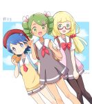  3girls blonde_hair blue_eyes blue_hair creatures_(company) game_freak glasses green_eyes green_hair lillie_(pokemon) mao_(pokemon) mei_(maysroom) multiple_girls nintendo pokemon pokemon_(anime) pokemon_sm_(anime) school_uniform suiren_(pokemon) 