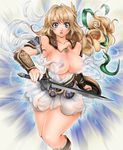  1girl aqua_eyes areolae armor armored_dress blonde_hair braid breasts earrings jewelry large_breasts see-through single_braid sophitia_alexandra soulcalibur soulcalibur_iv sword torn_clothes wardrobe_malfunction weapon wide_hips 