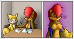  archie_comics big_breasts blue_eyes blush breasts canine female fox hair knownvortex male mammal miles_prower nipples paper pencil red_hair sally_acorn seductive sega sonic_(series) sonic_team sweat table tails undressing 