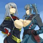  asymmetrical_docking bow breast_envy breast_press breasts brown_eyes edy_nelson gloves grey_hair hair_bow hand_on_hip large_breasts long_hair michael military military_uniform multiple_girls open_clothes open_shirt pantyhose red_eyes selvaria_bles senjou_no_valkyria senjou_no_valkyria_1 shirt silver_hair twintails uniform 