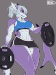  abs anthro biceps breasts clothed clothing exercise female fish hair lamniform marine muscular muscular_female nasusbot salvia_carhina shark solo standing sweat thick_thighs thresher_shark vein weightlifting workout 