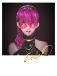  1girl bangs bare_shoulders biting black_background border collarbone cotab earrings evelynn face glasses gold gold_necklace hair_over_shoulder highres jewelry k/da_(league_of_legends) k/da_evelynn league_of_legends lip_biting lipstick looking_at_viewer makeup necklace pink-tinted_eyewear portrait purple_hair red_lips rimless_eyewear round_eyewear signature sleeveless solo teeth turtleneck v-shaped_eyebrows white_border yellow-framed_eyewear yellow_eyes 