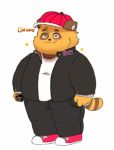  2019 anthro blush canid canine clothing cute_fangs english_text hat humanoid_hands male mammal overweight overweight_male pants raccoon_dog shirt shyy_buchi simple_background solo tanuki text white_background 