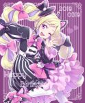  1girl black_bow blonde_hair bow dress earrings elise_(fire_emblem_if) fire_emblem fire_emblem_if hair_bow happy_birthday high_heels hiyori_(rindou66) jewelry long_hair long_sleeves multicolored_hair nintendo one_eye_closed open_mouth pink_bow purple_eyes purple_hair solo twintails twitter_username white_legwear 