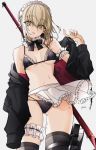  1girl absurdres apron artoria_pendragon_(all) artoria_pendragon_(swimsuit_rider_alter) bare_shoulders bikini black_bikini black_legwear black_neckwear blonde_hair bow bowtie braid breasts collarbone commentary_request eyebrows_visible_through_hair fate/grand_order fate_(series) frills from_below highres jacket looking_at_viewer maid maid_bikini maid_cap maid_headdress medium_breasts mismatched_legwear navel off_shoulder osanai short_hair signature simple_background solo swimsuit thighhighs water weapon weapon_on_back white_background white_neckwear yellow_eyes 