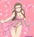  blue_eyes bra breasts brown_hair floral_background lingerie nightgown nintendo panties pink_bra pink_panties pinup pointy_ears princess_zelda the_legend_of_zelda underwear zero_momentai 