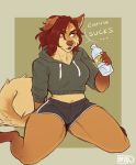  anthro canid canine canis clothed clothing dialogue domestic_dog english_text female hi_res kneeling mammal nasusbot open_mouth solo sweat text thick_thighs water_bottle 