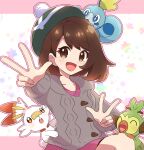 1girl :d blush brown_eyes brown_hair buttons cable_knit cardigan collared_dress commentary_request double_w dress gloria_(pokemon) green_headwear grey_cardigan grookey haru_(haruxxe) hat hooded_cardigan looking_at_viewer on_head open_mouth pink_dress pokemon pokemon_(creature) pokemon_(game) pokemon_on_head pokemon_swsh scorbunny smile sobble starter_pokemon_trio tam_o&#039;_shanter tongue w 