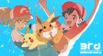  1boy 1girl :d anniversary arms_up bangs baseball_cap black_hair blue_background chase_(pokemon) commentary_request confetti dated eevee elaine_(pokemon) eyelashes hat looking_at_viewer open_mouth pikachu pokemon pokemon_(creature) pokemon_(game) pokemon_lgpe red_headwear shirt short_hair short_sleeves shorts simple_background smile tongue white_shirt zonbi4771 