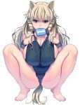  1girl animal_ears ass bangs barefoot blonde_hair blue_eyes breasts cleavage covered_navel drill_hair erect_nipples highres large_breasts long_hair masao one-piece_swimsuit original school_swimsuit simple_background solo spread_legs squatting swimsuit tail tiptoes white_background wristband 