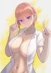  1girl bangs blue_eyes breasts cleavage closed_mouth collared_shirt commentary_request dress_shirt go-toubun_no_hanayome gomashiwo_o hair_between_eyes index_fingers_raised large_breasts looking_at_viewer nakano_ichika navel open_clothes open_shirt pink_hair shirt short_hair short_sleeves smile solo stomach white_shirt 