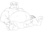  2019 anthro balls behemoth_(housamo) belly cute_fangs erection hi_res horn humanoid_hands humanoid_penis male monochrome monster moobs navel nipples overweight overweight_male penis seyrmo simple_background sitting solo tokyo_afterschool_summoners video_games white_background 