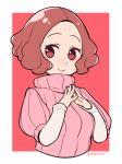  1girl blush brown_eyes brown_hair commentary do_m_kaeru okumura_haru persona persona_5 pink_sweater ribbed_sweater short_hair smile solo steepled_fingers sweater twitter_username upper_body 
