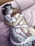  2019 adira_(twokinds) anthro bed bedding black_hair blanket breasts brown_fur brown_hair canid canine chest_tuft cuddling duo eyes_closed featureless_breasts felid feline female female/female fluffy fluffy_tail fur grey_fur hair heresy_(artist) hi_res hybrid kathrin_vaughan keidran lying mammal nude on_bed pantherine pillow sleeping smile snow_leopard spots spotted_fur tuft twokinds webcomic 
