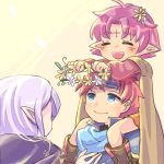  1boy 2girls blue_eyes cape carrying closed_mouth eyes_closed fa facial_mark fire_emblem fire_emblem:_fuuin_no_tsurugi flower forehead_mark hair_flower hair_ornament headband holding idoun long_hair long_sleeves mamkute multiple_girls nintendo open_mouth pinboke32 pointy_ears purple_hair red_hair roy_(fire_emblem) short_hair shoulder_carry simple_background smile wreath 